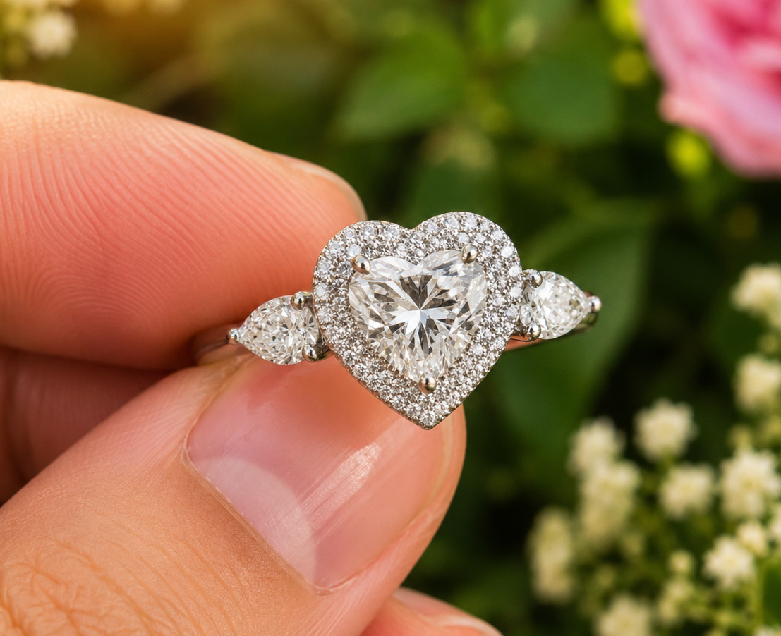 3Ct Heart Lab Created Diamond Halo Engagement Ring 14K White Gold Plated Silver