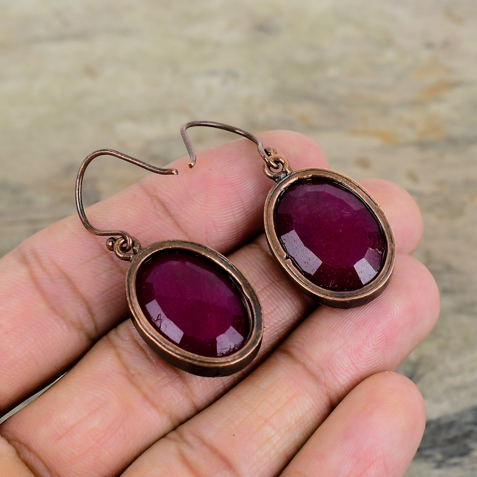 Natural Kashmir Rubi Copper Bezel Dangle Electroformed Daughter Earrings Jewelry