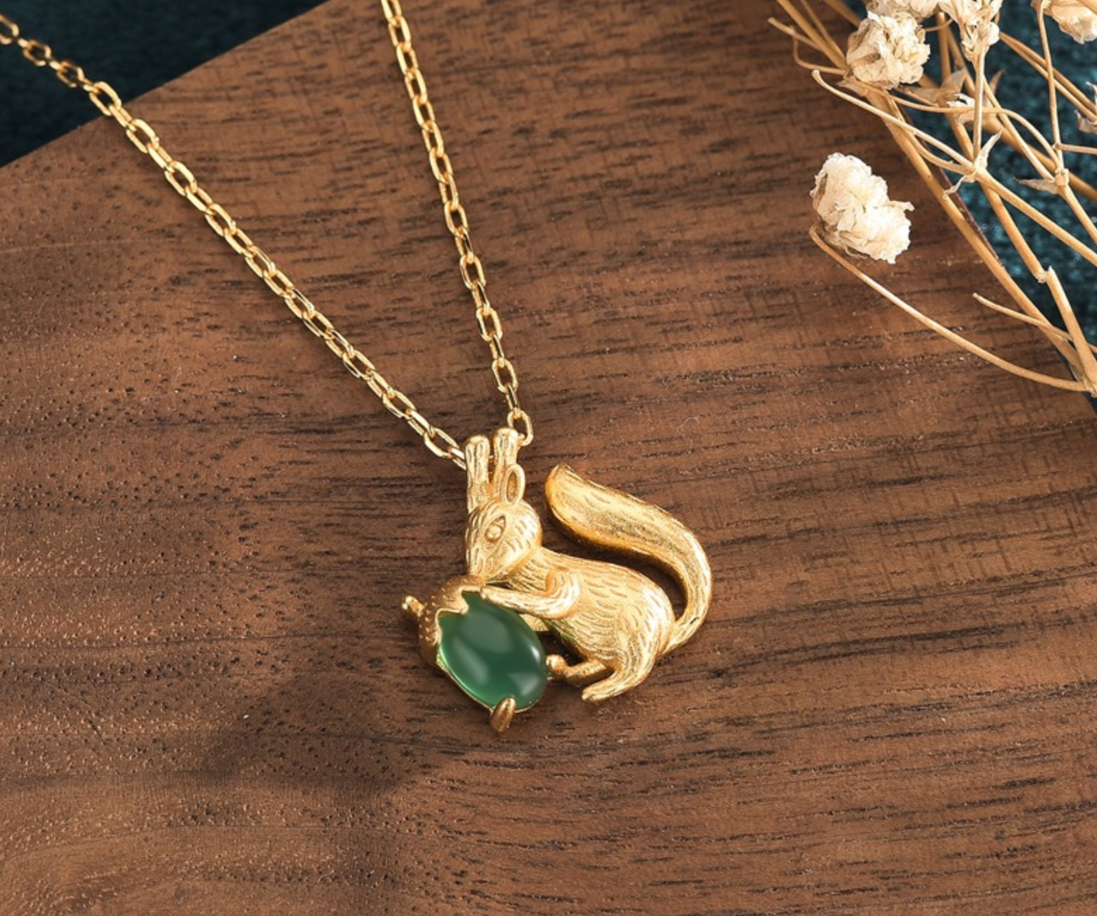 Jade Squirrel Acorn Pendant Necklace Charm 18K Gold Plated Chain Dainty Gemstone