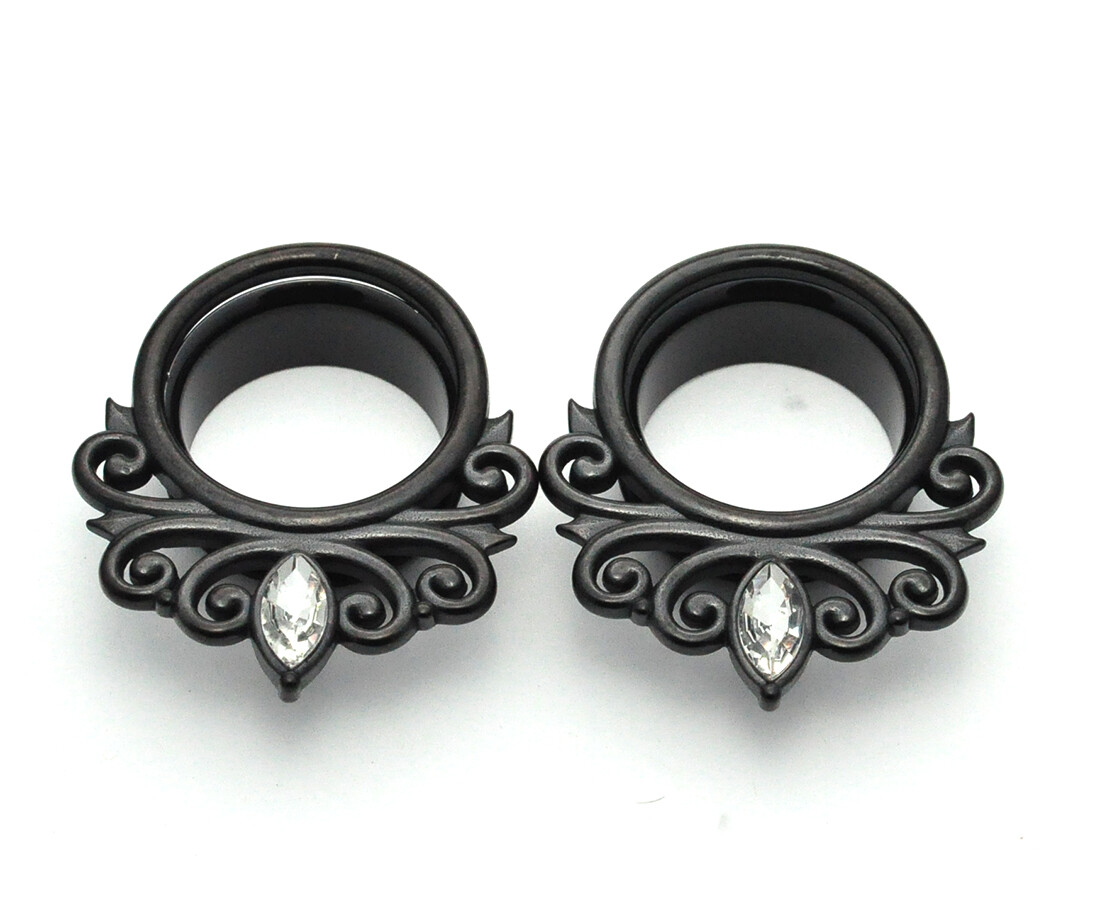 316L Stainless Steel Single Flare Tunnels with Filigree and CZ (PS-280)