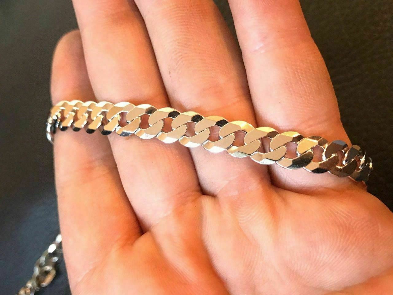 Men’s Flat Miami Cuban Link Chain Solid 925 Sterling Silver 8mm Thick Italy Made