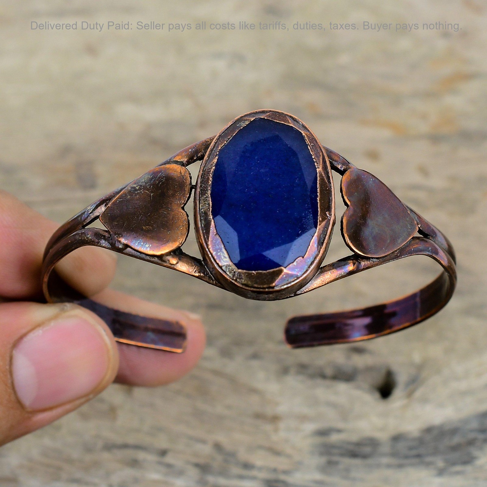 Copper Blue Saphire Gemstone New Electroformed Heart Bezel Mother Bangle Jewelry