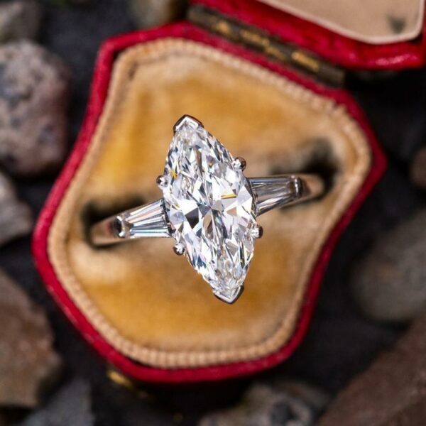 2 Carat Marquise Cut Solitaire Moissanite With Baguette Accents Engagement Ring.