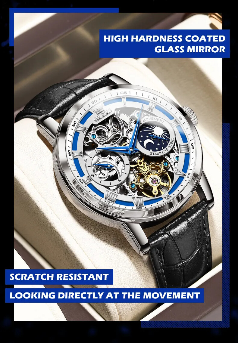 OLEVS Skeleton Self-Wind Automatic Mechanical Men’s Watch Leather Moon Phase