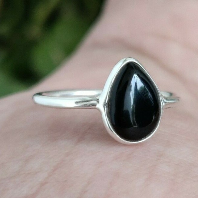 Handmade Black Onyx Ring 925 Silver Natural pear gemstone Stacking Women Rings