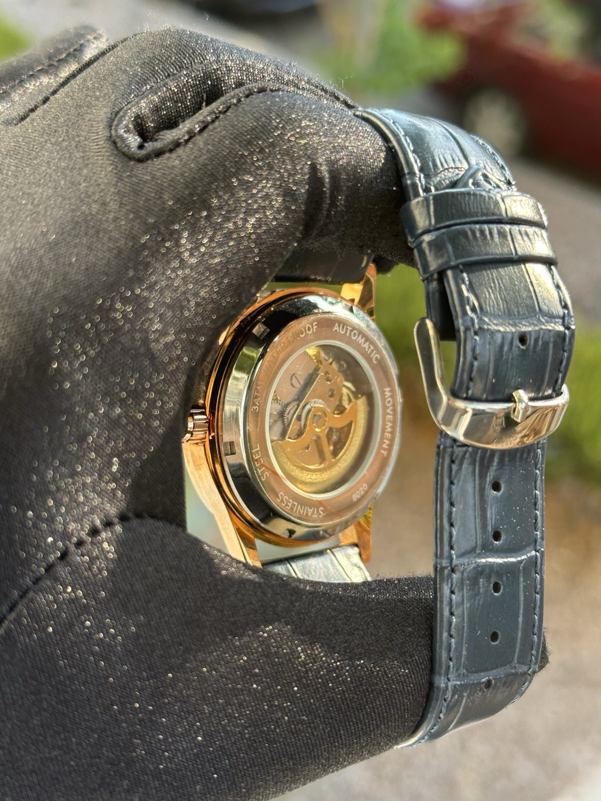 Longlux Automatic Skeleton Men’s Watch Gold Tone Blue Dial 42mm 3ATM Leather