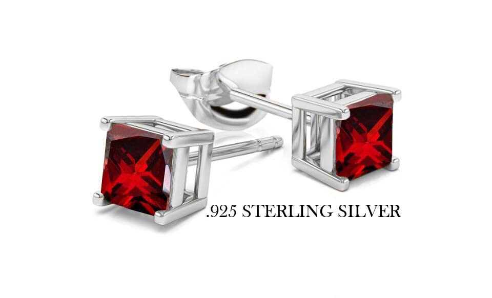 925 Sterling Silver Princess Cut Red Cubic Zirconia Stud Earrings Women’s