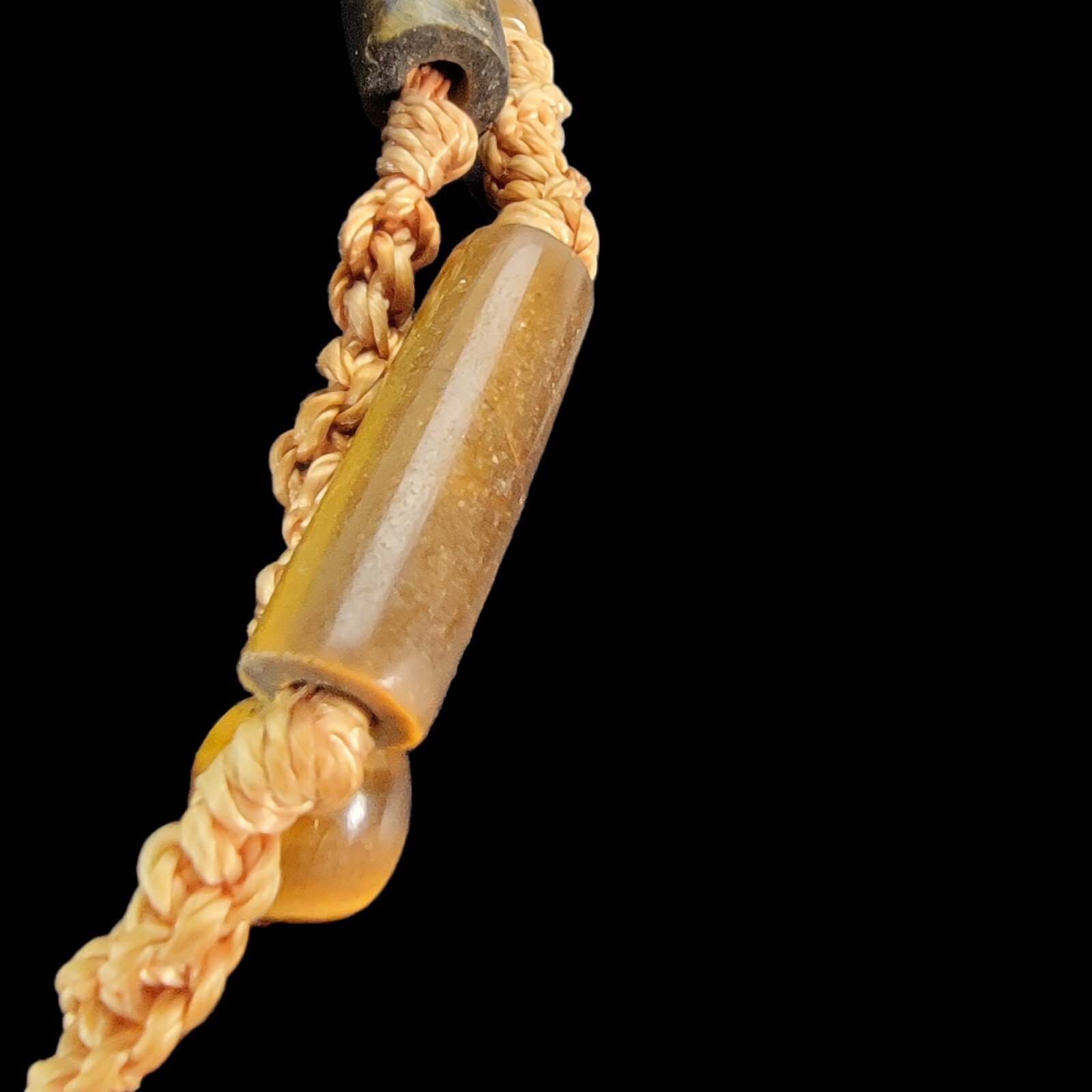 1970s Bohemian Macrame Silk Cord Necklace Double Strand Tiger Eye Beaded 38″