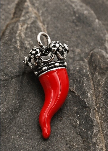 Red Cornicello Crown Pendant 800 Silver Neapolitan Lucky Horn Made in Italy