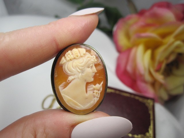 Antique Hand-Carved Shell Cameo & Vermeil Gold Brooch Pendant