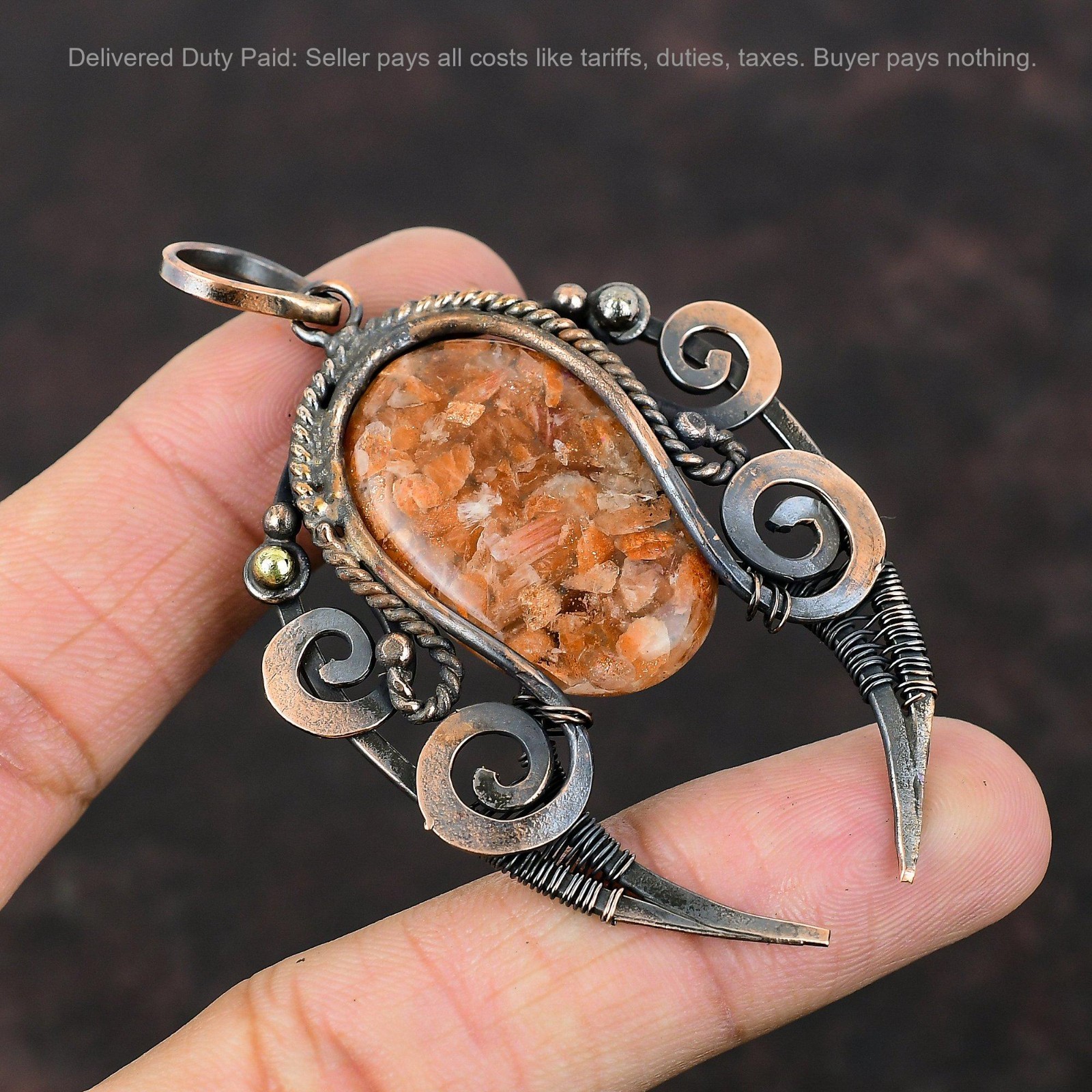 Sacral Chakra Natural Sunstone Wife Wire Wrapped Birthday Pendant Jewelry Copper