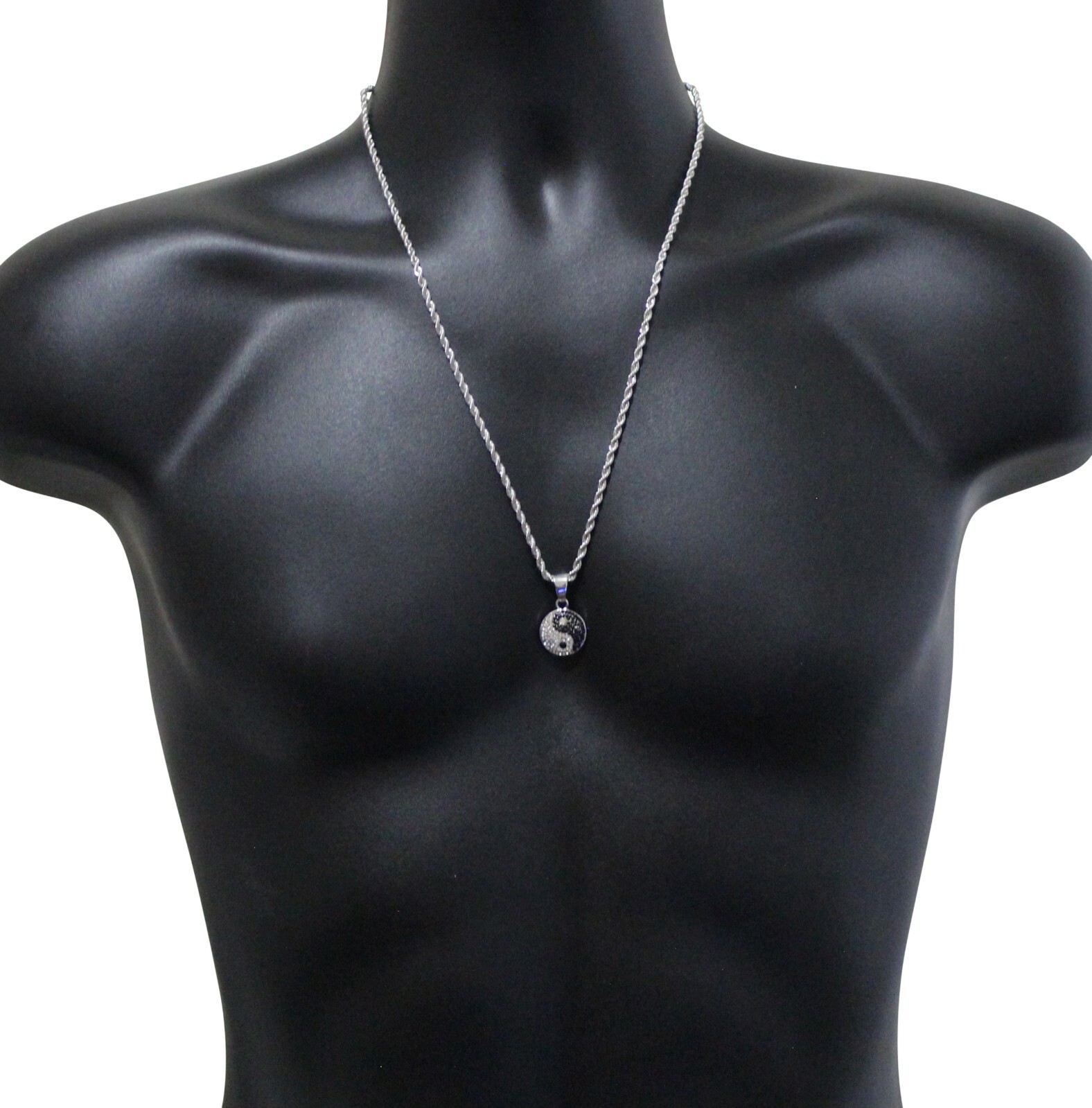 Mini Icy Ying Yang Rhinestone Pendant Silver Plated 24″ Rope Hip Hop Necklace