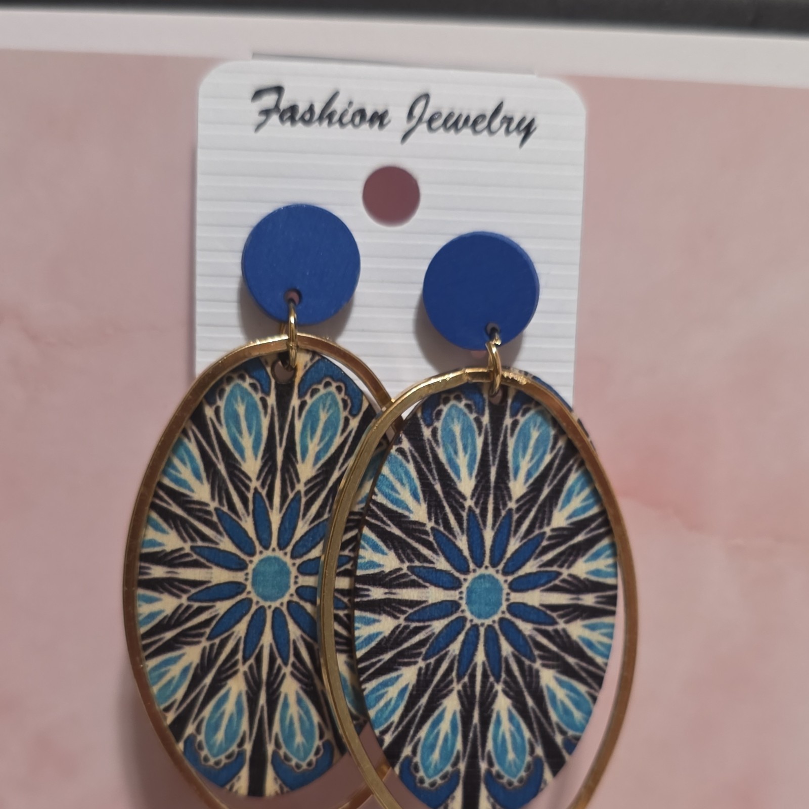 Fashion Jewelry Blue Gold Tone Oval Dangle/Drop Earrings Metal Hook Lobe