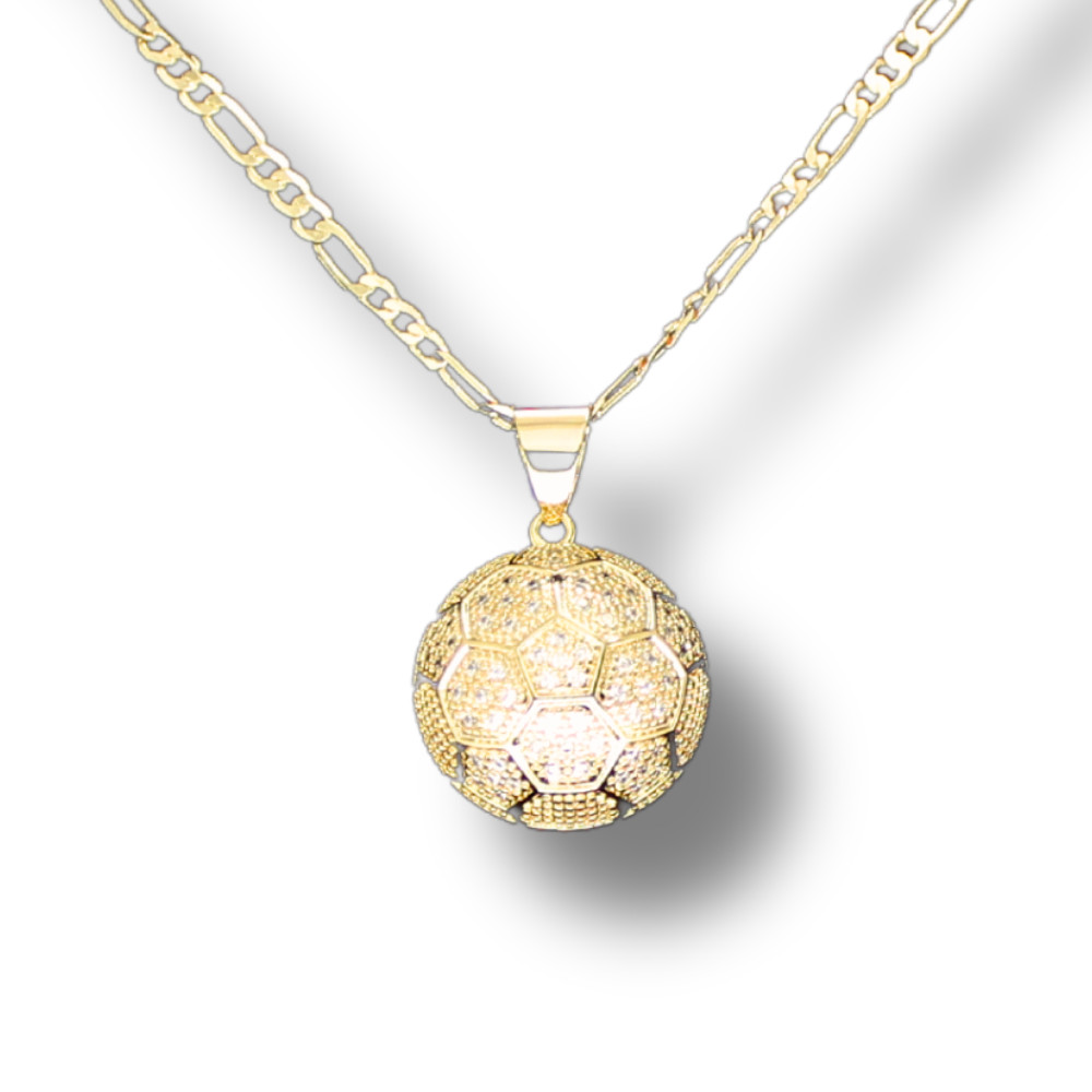Soccer Ball iced Cz Pendant 14k Gold Plated 20″ Figaro Chain Men’s Necklace