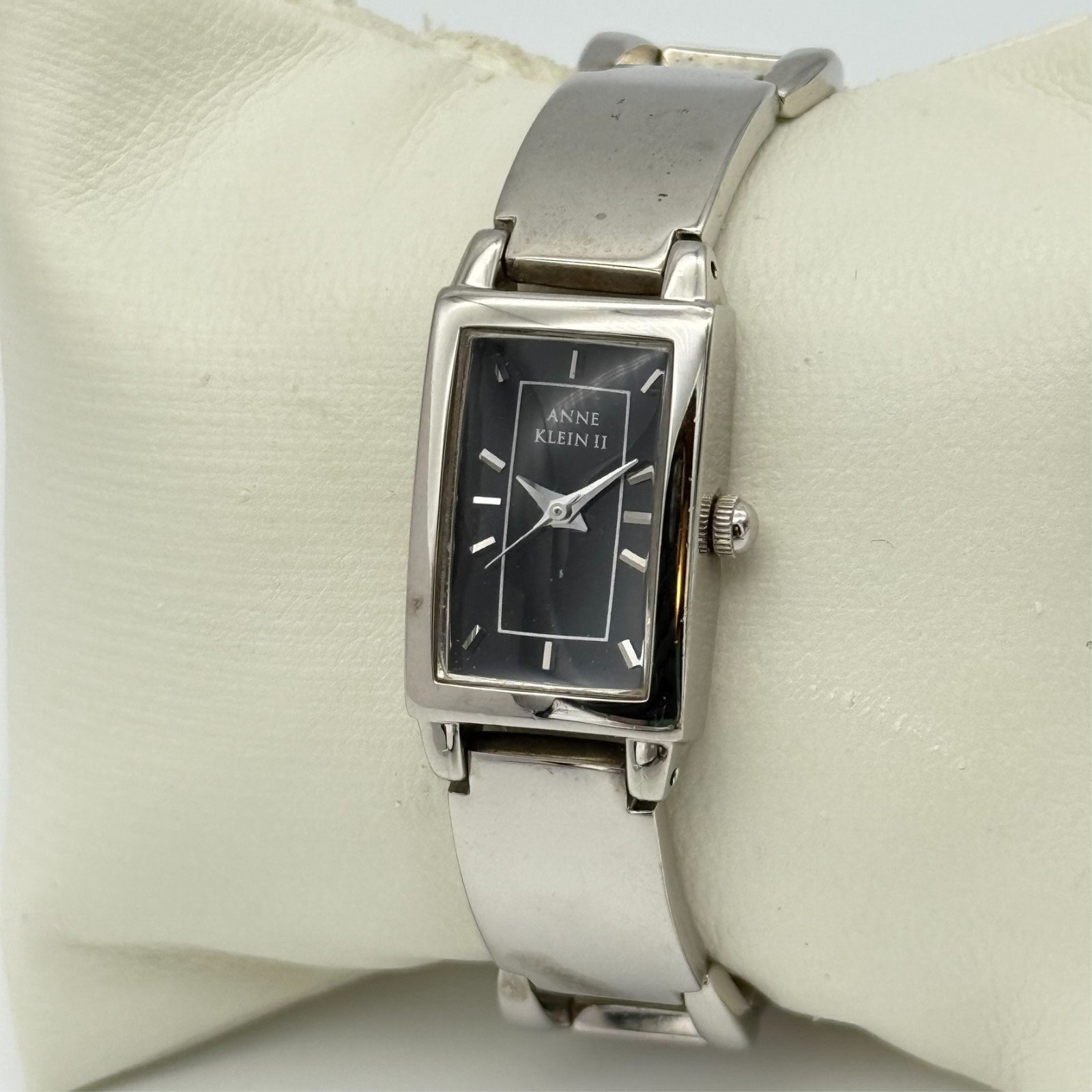 Women’s ANNE KLEIN Silver Tone Glossy Bracelet Watch, Black Dial, 17mm, 10/2614