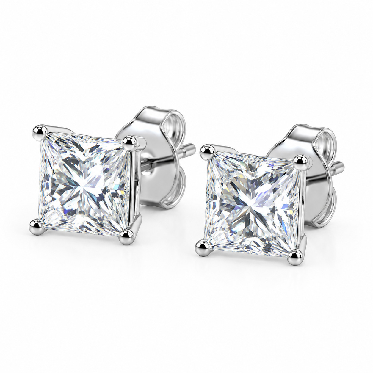 Princess Cut Solitaire Stud Earrings 925 Sterling Silver Push Back CZ Gift