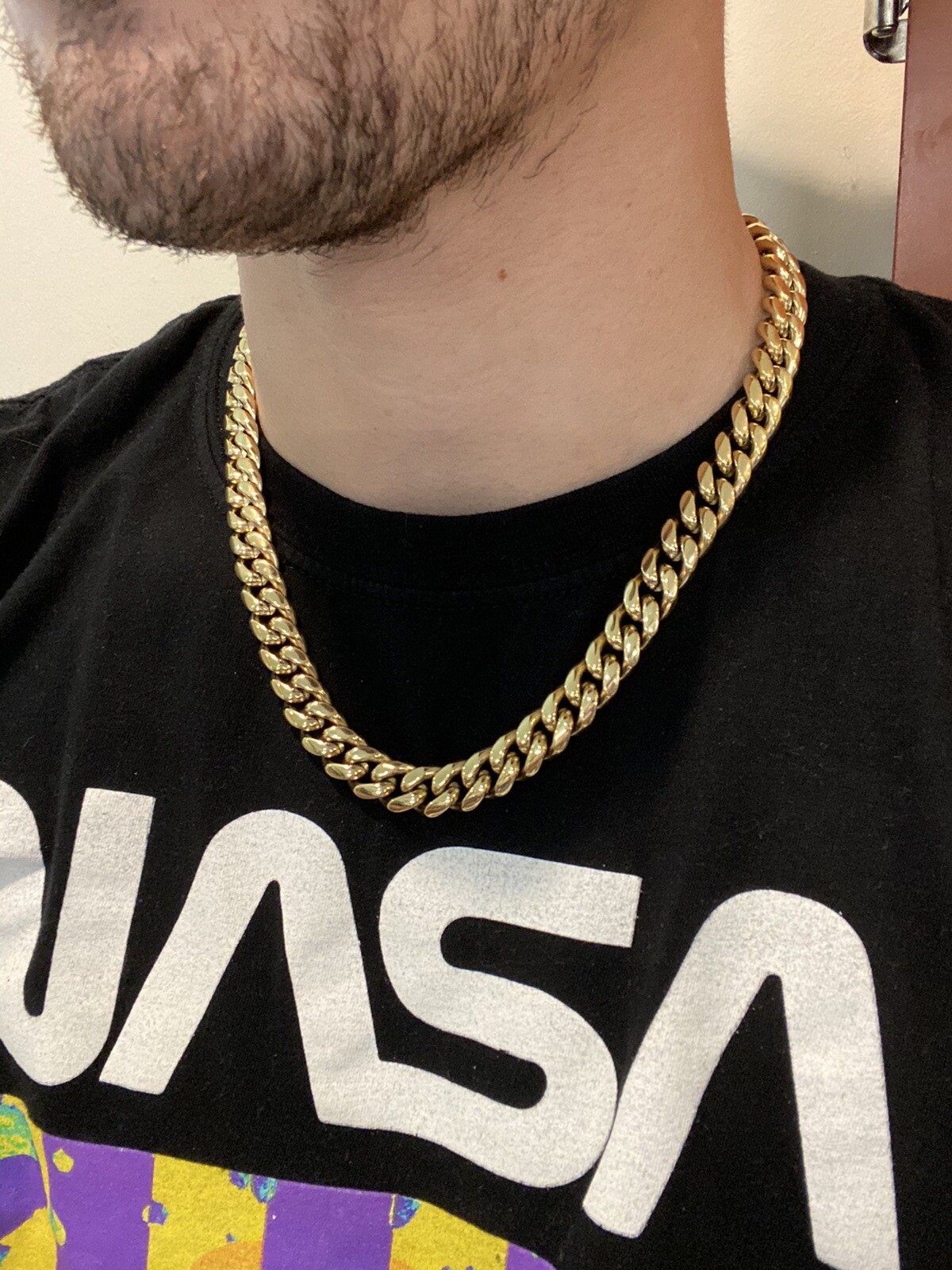 Real Solid 14K Gold Over Stainless Steel Miami Cuban Link Chain Necklace Choker