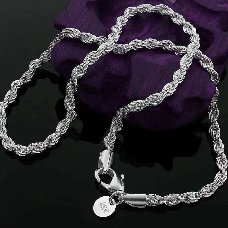 4mm Diamond Cut Solid 925 Sterling Silver Italian Rope Chain Men’s Necklace