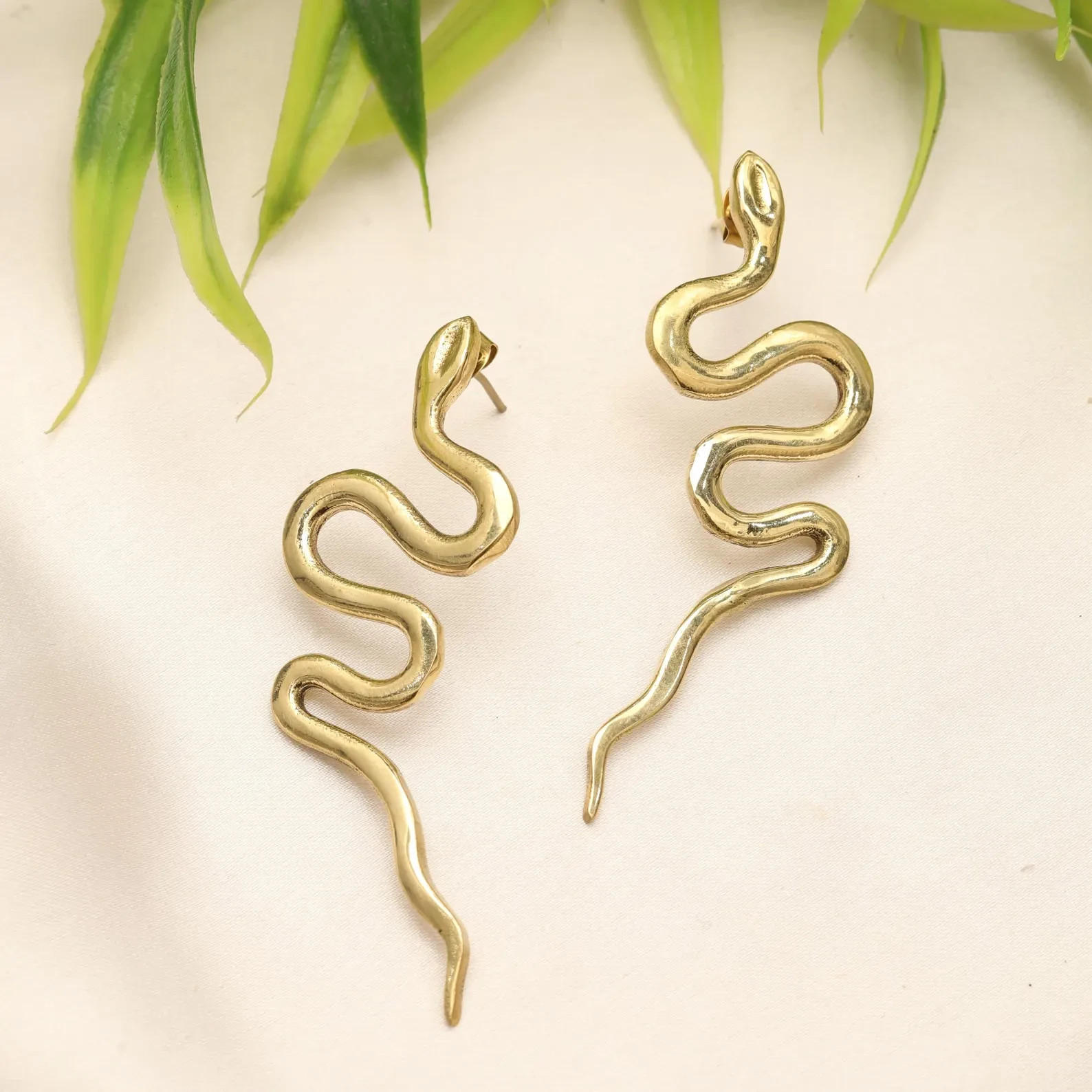 Snake Drop Earrings | Serpent Brass Earrings | Curved Snake Stud Earrings |