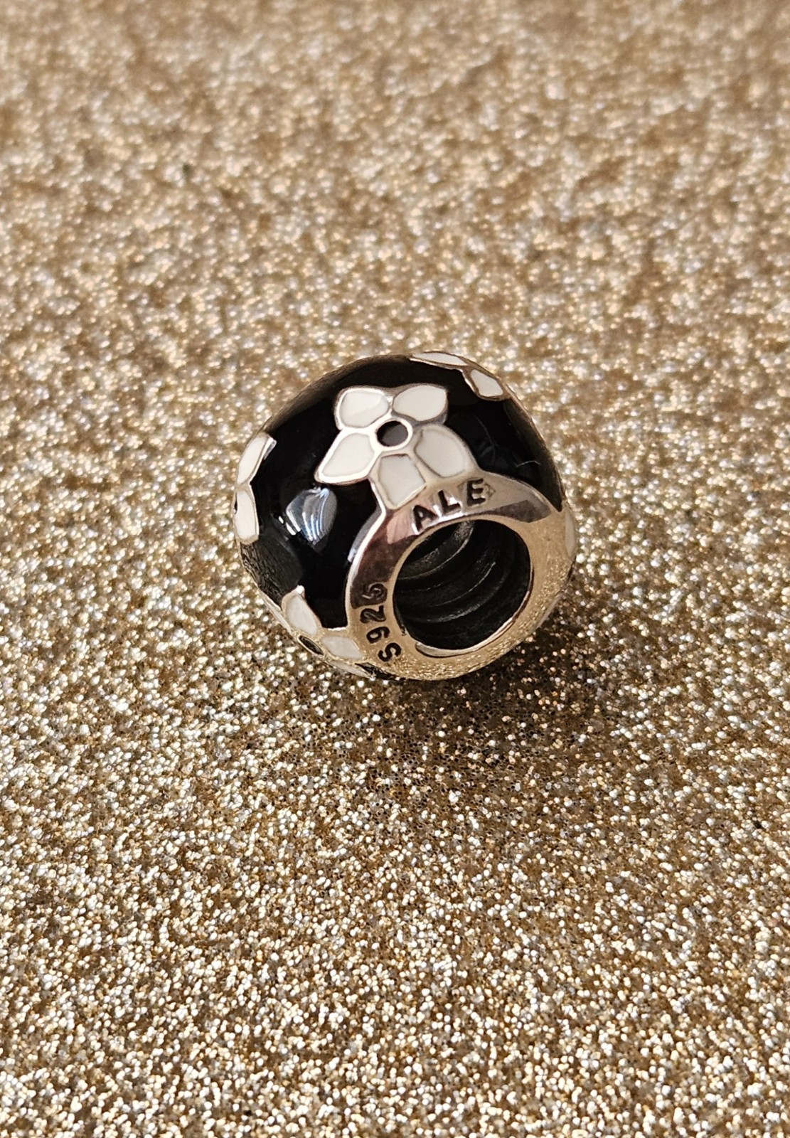 Authentic Pandora Silver Mystic Flower Black and White Enamel Charm
