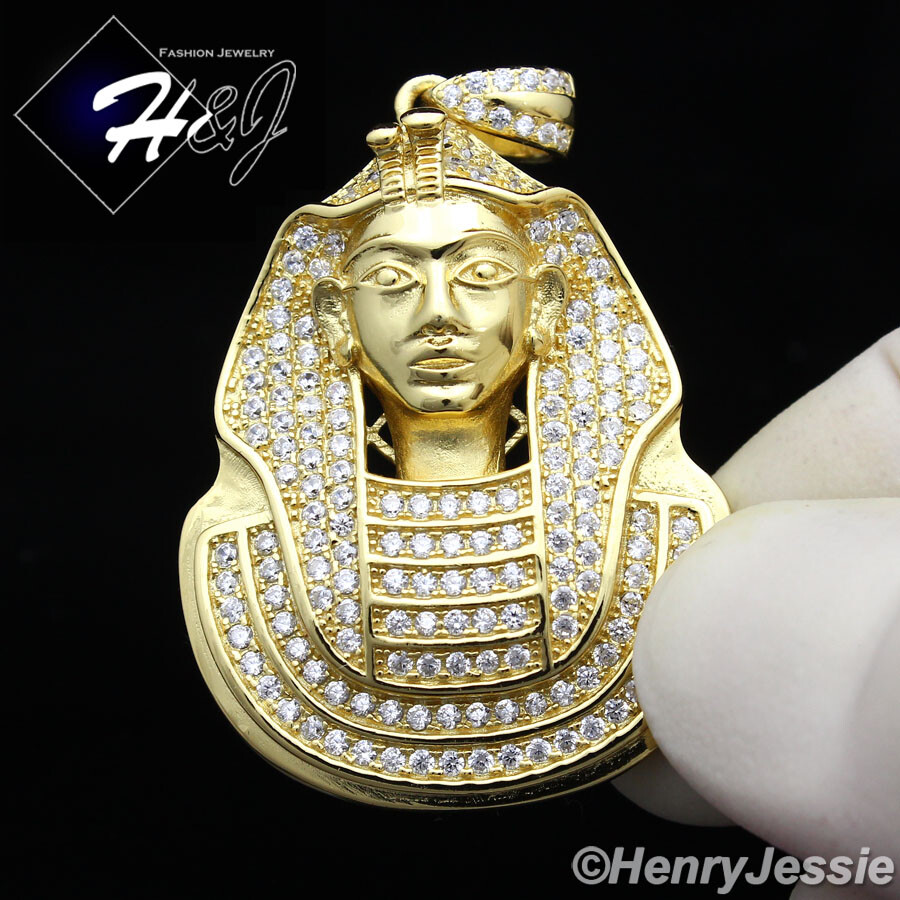 925 STERLING SILVER ICY CUBIC ZIRCONIA GOLD PLATED EGYPTIAN PHARAOH PENDANT*GP53