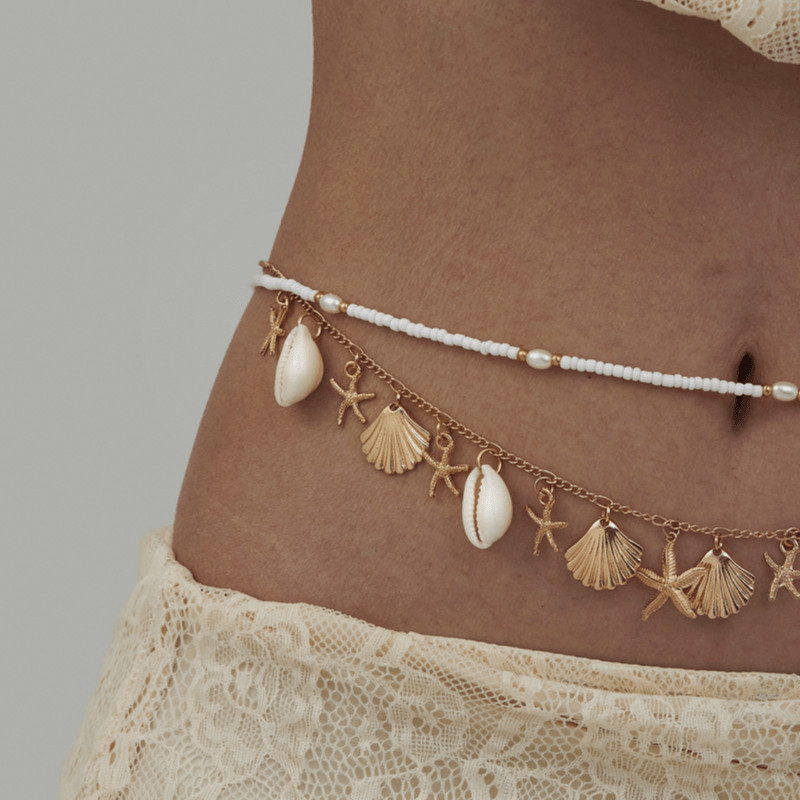 Women’s Double-layer Alloy Scallop Starfish Pendant Waist Chain Beads Body Chain