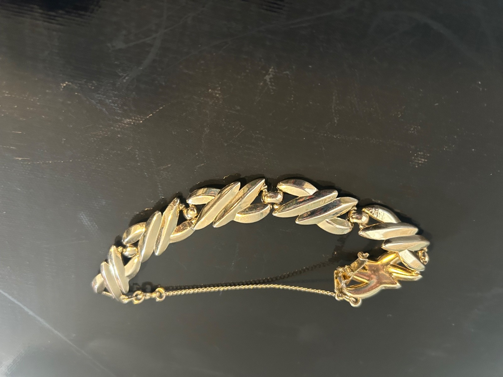 Vintage Monet Gold Tone Leaf Link Bracelet Signed w/ safety chain