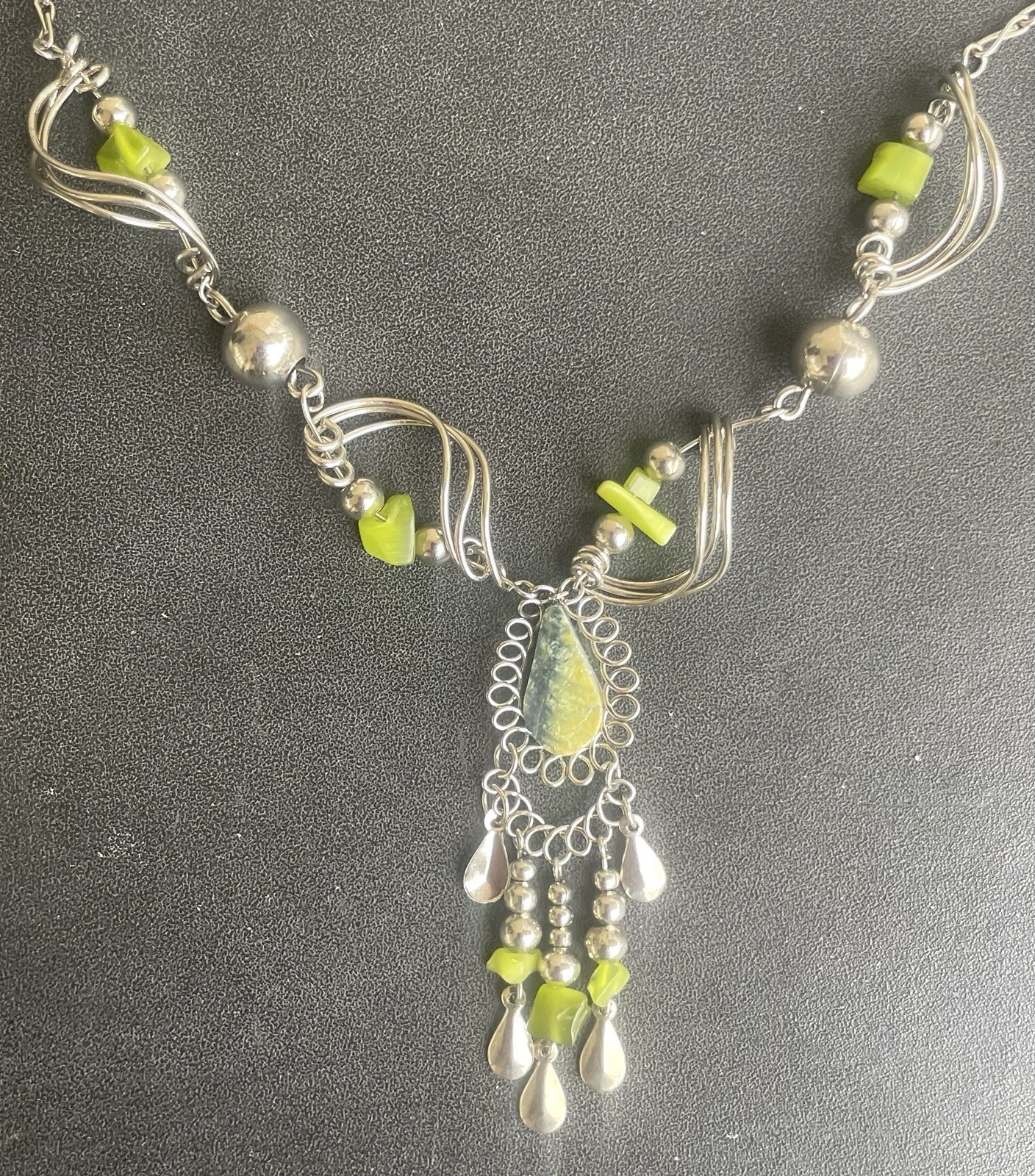 Peruvian Green Serpentine Semi-Precious Stone Necklace Long Earring Set Boho
