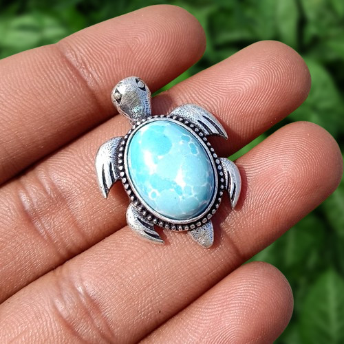 Elegant Larimar Gemstone Tortoise Pendant 925 Silver Plated Gift For Mom Jewelry