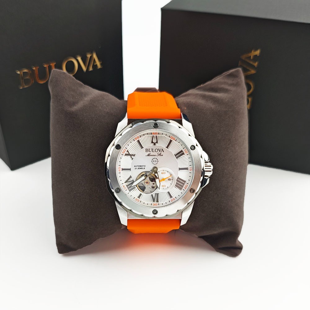 Bulova 98A226 Marine Star Silver Dial Orange Silicon Starp Men’s 45MM Watch NEW