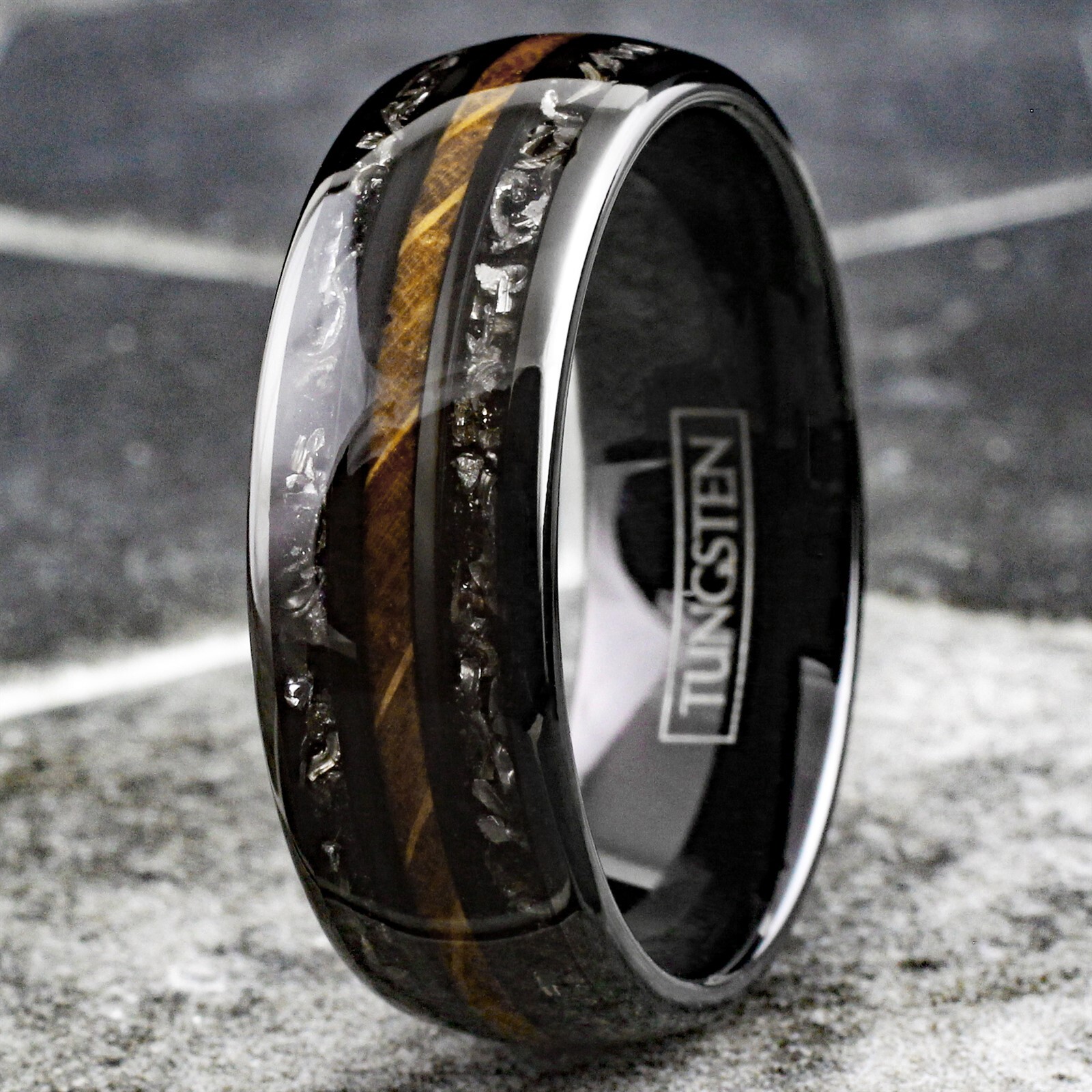 Personalized Black Tungsten Carbide Ring Whiskey Barrel Meteorite Wedding Band