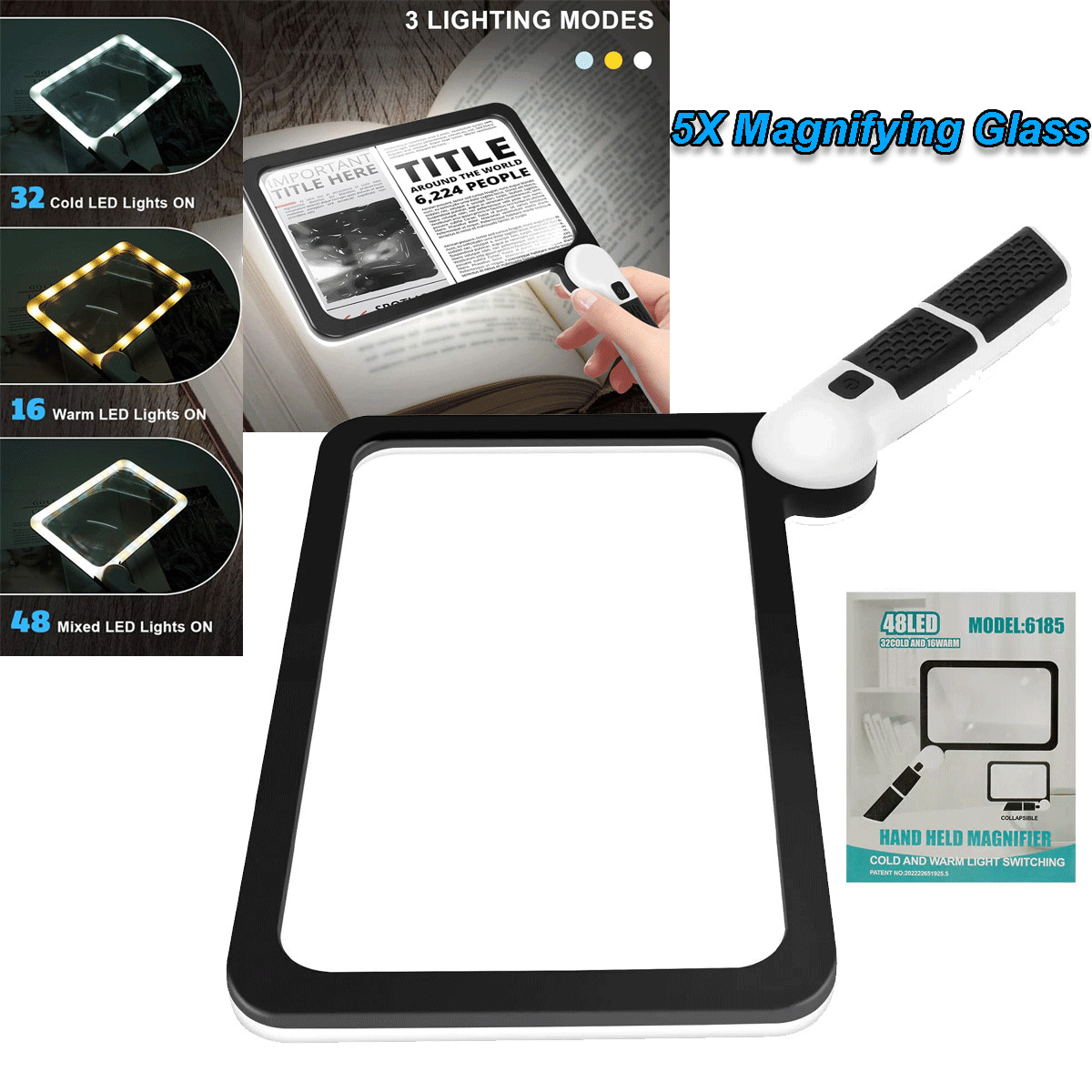 Large Magnifying Glass With 48 LED Light Dimmable 5X Reading Foldable Magnifier