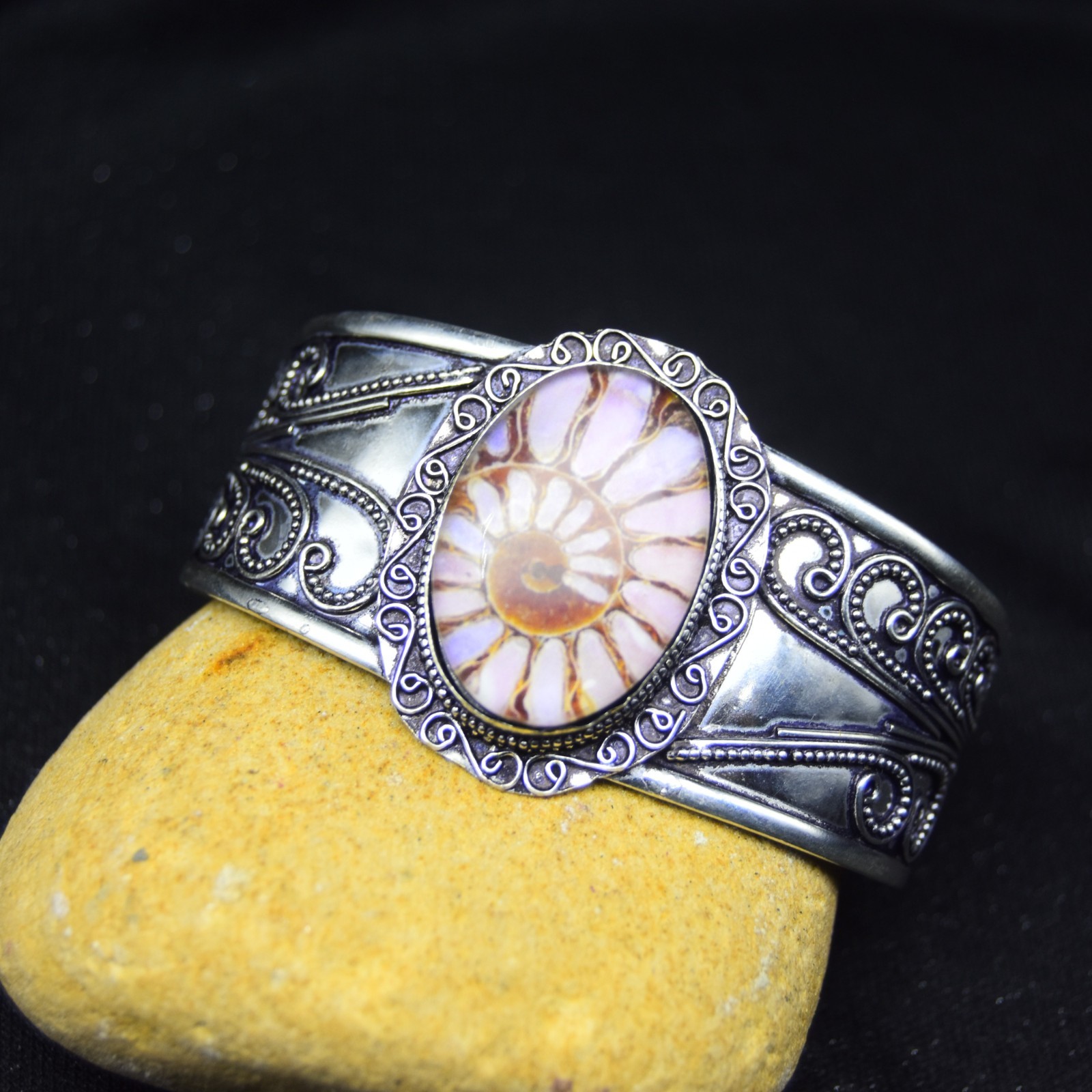 Ammonite Fossil Gemstone Cuff Bracelet 925 Sterling Silver Jewelry Size-ADJ