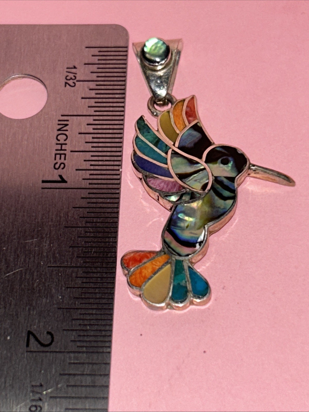 950 Silver Handmade Inlay Hummingbird Abalone Pendant From Peru 1.75”