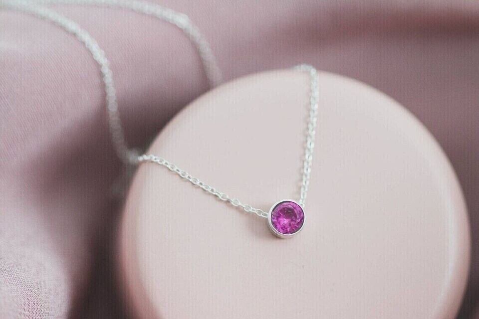 2CT Round Cut Lab Created Pink Sapphire Bezel Set Pendant in 14K White Gold FN