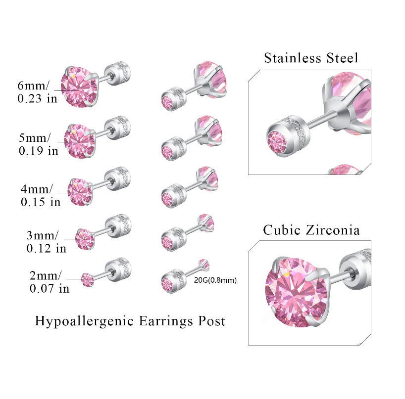 PAIR Prong Set CZ Stud Earrings with Gem Centered Screw Back Surgical Steel PE30