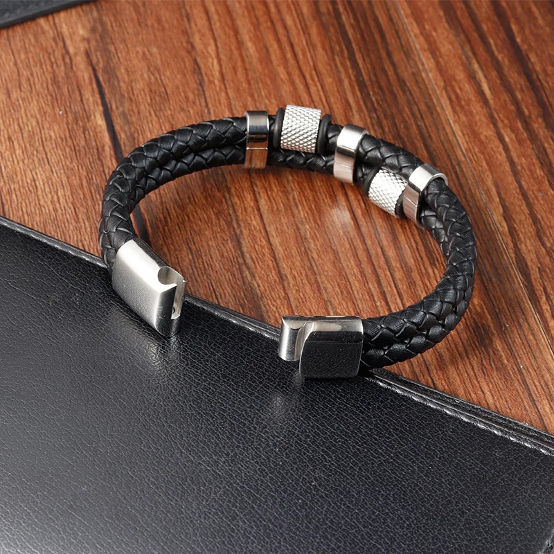 Men’s Leather Rope Braid Bracelet Stainless Steel Magnetic Buckle Jewelry
