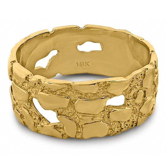 Solid 18K Yellow Gold Mens Nugget Band, 9mm Gold Nugget Ring, Size 5 – 15