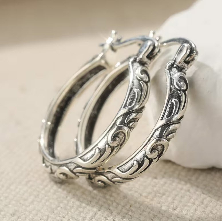 BRIGHTON BEACH Classic And Retro Scroll Pattern Embossed Hoop Earrings