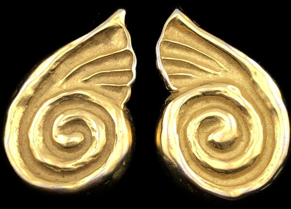 Vintage JADED Jewels NYC Ancient Shell Stylized Swirl & Wing Clip EARRINGS,fjt