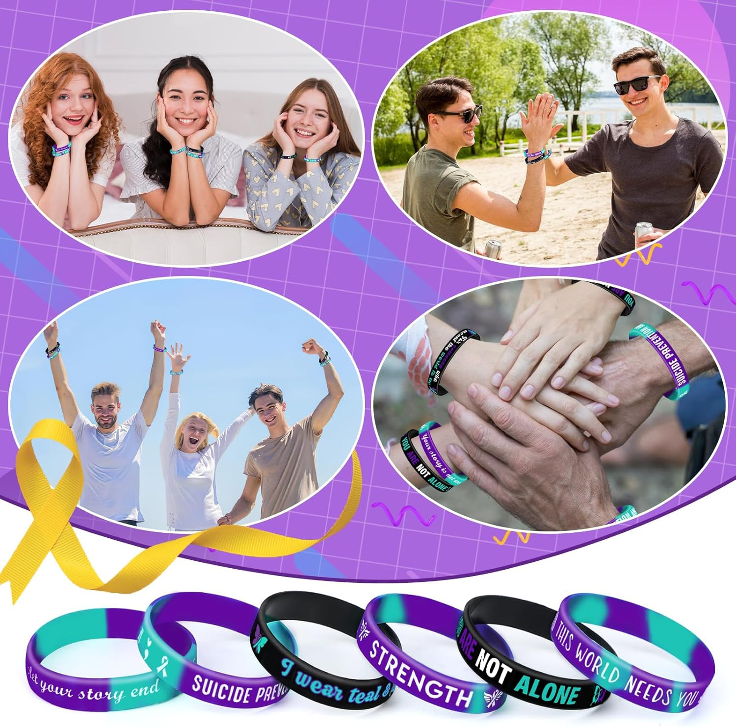 JUNEBRUSHS 42Pcs Suicide Prevention Awareness Silicone Bracelets Purple Teal Rib