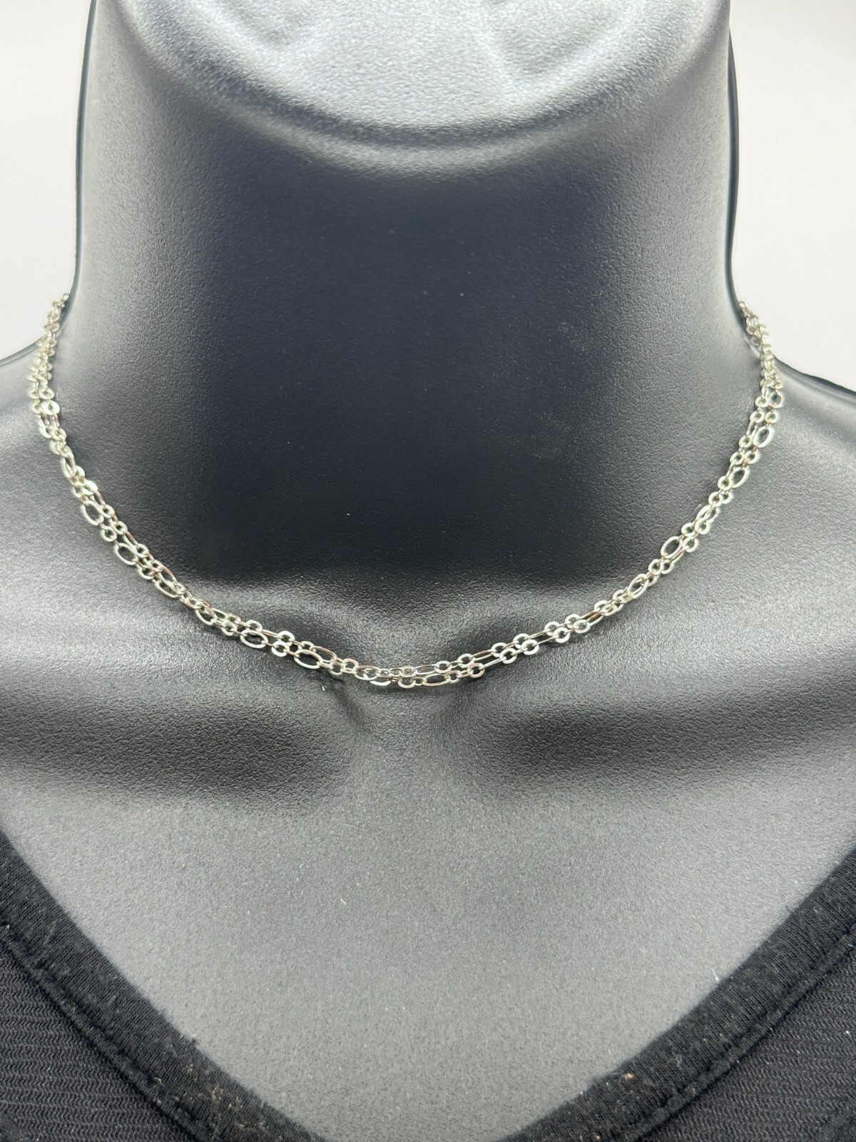 Simple Silver Tone Two Stranded Choker Necklace 28″ Cable Variation Link Chain