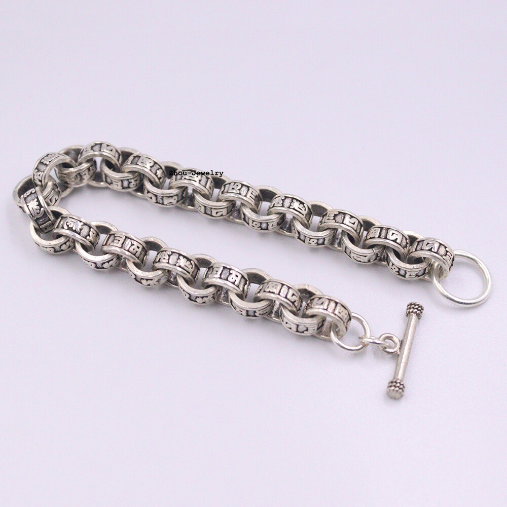Pure 925 Sterling Silver Chain 10mm Six-word Rolo Link Bracelet 47-49g 7.48INCH