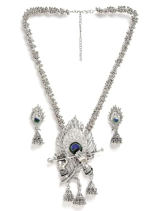 OXIDISED SILVER RADHA KRISHNA NECKLACE SET JHUMKI EARRINGS WOMEN GIRLS JEWELRY