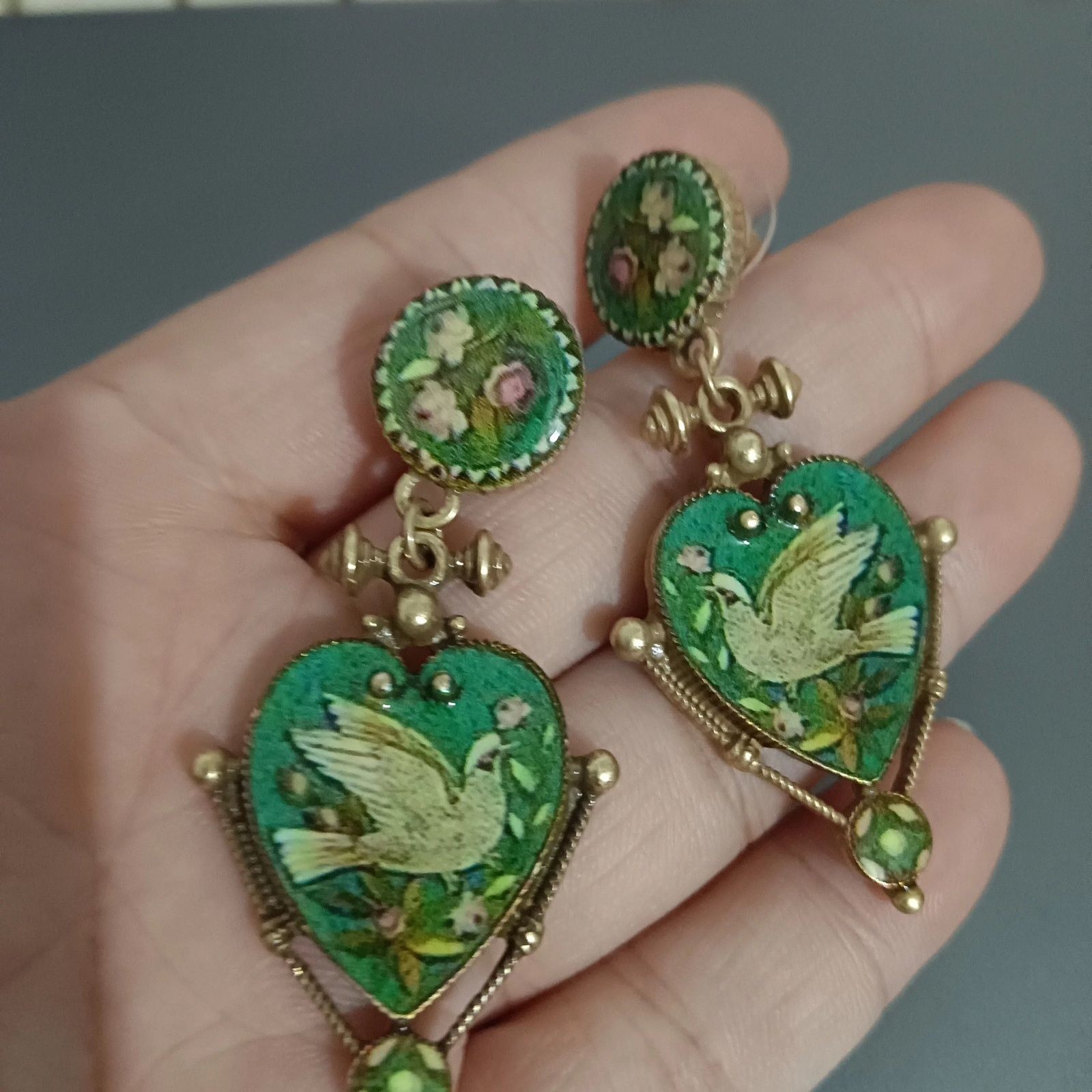 Vintage Peace Dove Earrings Heart Green Enamel Unique Retro Dangle Drops