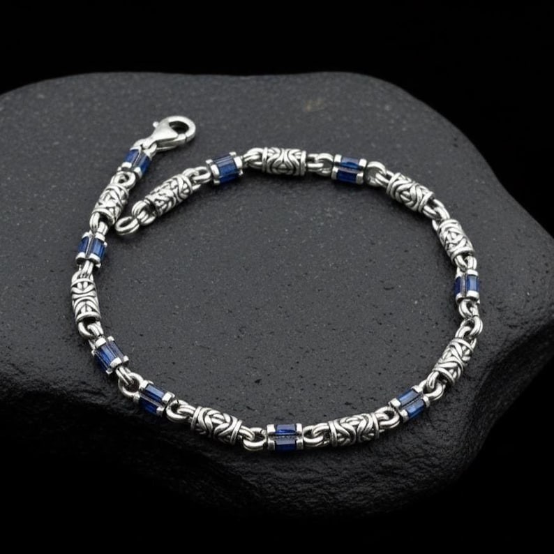 925 Men Silver Sapphire Chain Bracelet Silver Sapphire Gemstone Chain