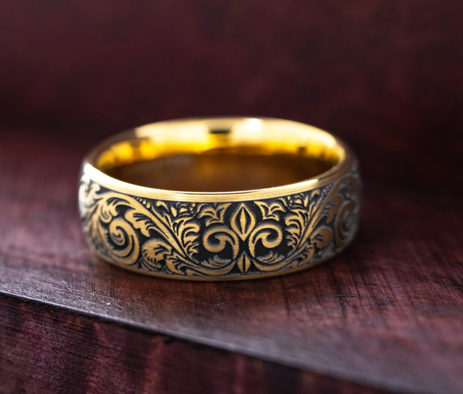 Fleur De Lis Deep Engraved Gold Plated Tungsten Ring with Victorian Engravings
