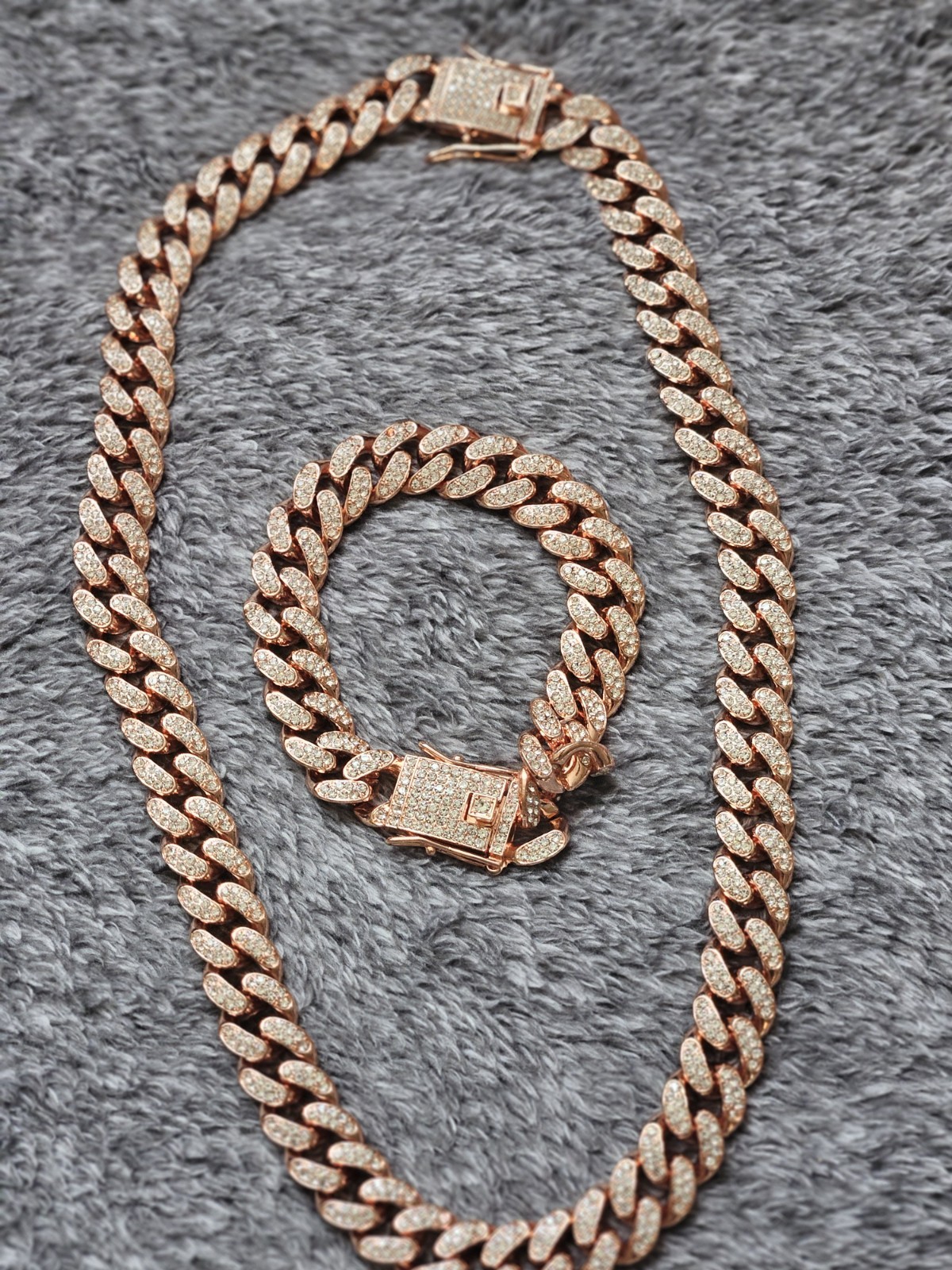 Rose Gold Tone Cuban Link Necklace & Bracelet Jewelry Set w/ Clear CZ