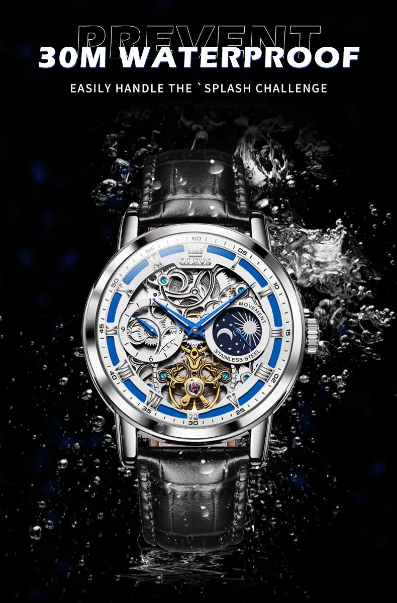 OLEVS Skeleton Self-Wind Automatic Mechanical Men’s Watch Leather Moon Phase