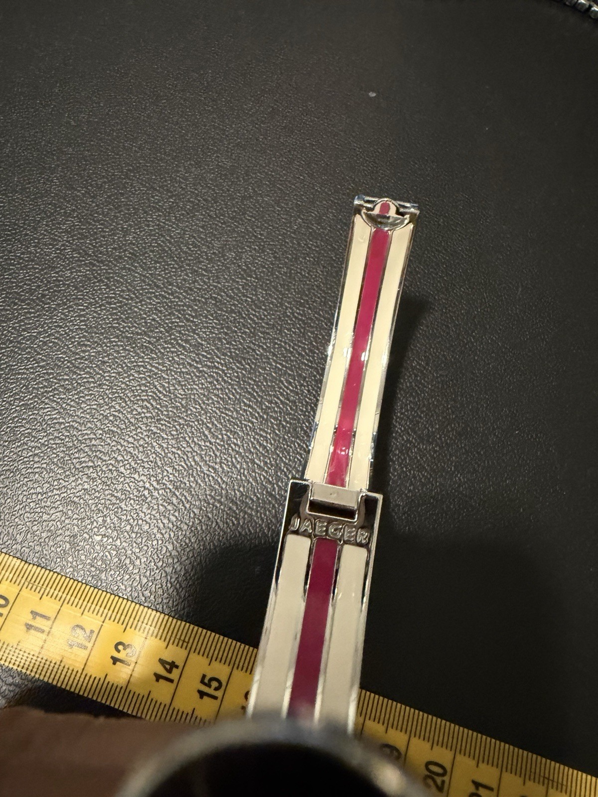 Jaeger Silver-Tone Pink & White Enamel Hinged Bangle Bracelet Signed